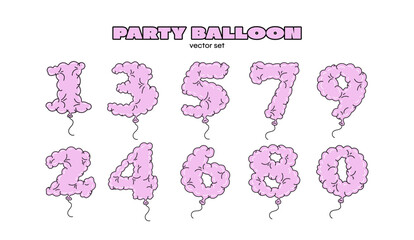 Cartoon birthday balloon numbers set. Fun retro doodle font with pink ballons. Party celebration elements for kids, greeting cards, posters, and festive decorations
