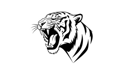 Roaring tiger head black and white illustration
