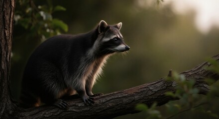 A raccoon sitting on a tree branch looking off into the distance in the forest at dusk