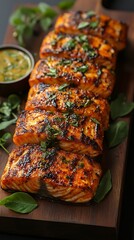 Grilled Salmon Fillets with Fresh Herb Garnish and MustardDill Sauce on Dark Wooden Board