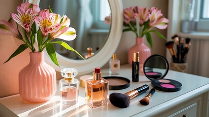 Vanity table with makeup, perfume bottles and pink flowers
