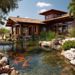 Fototapeta premium Charming asian-inspired house with koi pond and lush garden landscaping