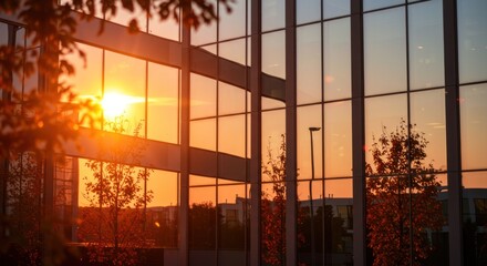 Sunset reflects in the windows of a building with trees in foreground.