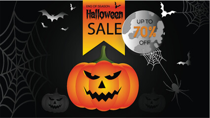 Halloween sale banner, party invitation concept background. Holiday design with bats, spider, cobweb, pumpkin,