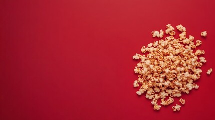 Heap of Freshly Popped Popcorn on Vibrant Red Background, TopDown Studio Shot