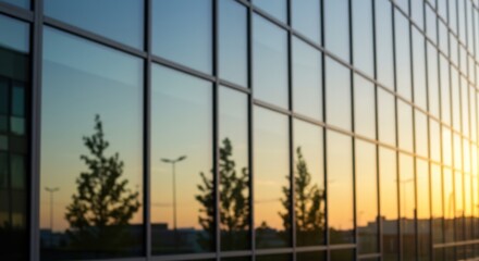 Building facade with glass windows reflecting trees and sunset sky.