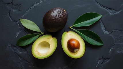 Whole and Halved Avocado with Green Leaves on Dark Surface