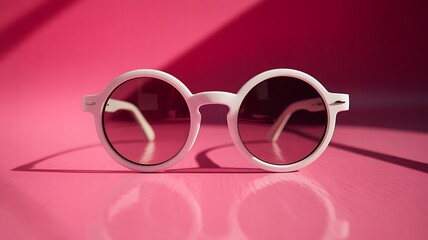 White Round Sunglasses on Pink Surface with Shadows
