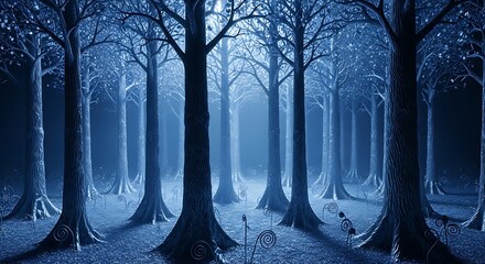 A spooky forest with tall trees in a blue and misty atmosphere
