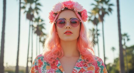 Woman with pink hair and flower crown stands on street with palm trees.
