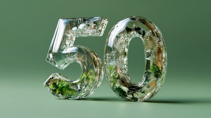 Crystal clear number 50 with embedded greenery on soft green background