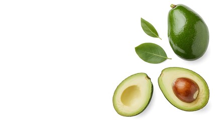 Whole and Halved Avocados with Leaves Keywords: avocado, fruit, green, healthy, food, organic