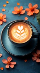 Latte Art Coffee in Blue Cup with Flowers on Dark Blue Background
