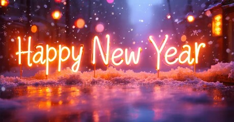 Bright neon sign displays Happy New Year. Snowy street scene, blurred lights create festive mood. Winter holiday celebration.