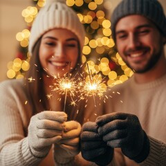 Joyful couple shares festive holiday cheer with glowing sparklers, creating a warm, memorable moment on Christmas or New Year's Eve celebration