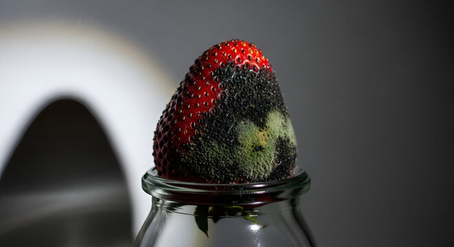 Rotting Strawberry Showing Mold: A Close-Up View of Food Decomposition over Glass Jar