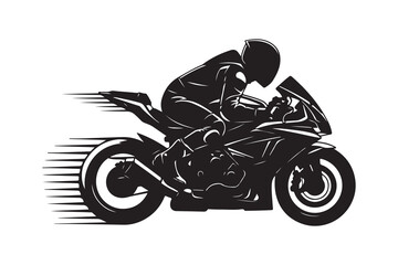 Vector silhouette illustration of a female biker on a motorcycle riding fast on the road with speed