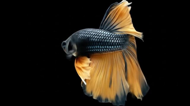 Strikingly detailed betta fish, showcasing vibrant color combinations and graceful movement against a black backdrop.