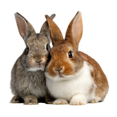 Fototapeta premium Two adorable rabbits sitting close together in a cozy setting, showcasing their soft fur and playful eyes