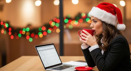 Festive businesswoman wearing a Santa hat enjoys a coffee break at work during the Christmas season, finding joy in the holiday atmosphere of the office, using laptop for work