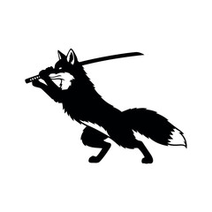 Black silhouette of a fox warrior in a dynamic pose with a katana sword Keywords: fox, samurai, warrior, katana, sword, armor, Japanese, warrior, animal, transparent background also white background