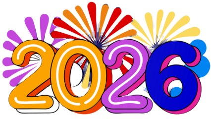 Vector Vibrant Happy New Year 2026 Typography with Fireworks & Ornamental Vintage Design