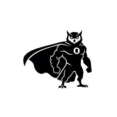 Black silhouette of a muscular superhero owl wearing a cape and the letter O on its chest Keywords: owl, superhero, cape, muscular, strong, mascot, transparent background also white background