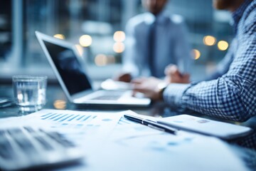 Business professionals analyzing financial data on laptop and notepad during a strategy meeting in a modern office environment