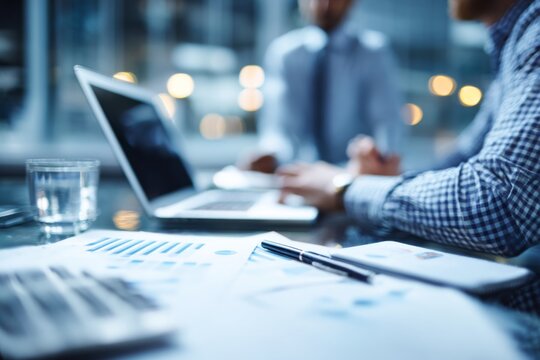 Business professionals analyzing financial data on laptop and notepad during a strategy meeting in a modern office environment