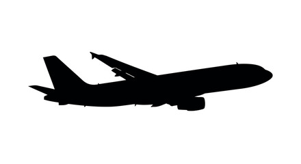 Silhouette of a commercial airplane in flight on a white background Keywords: airplane, aircraft, jet, aviation, travel, transport, silhouette, flying, transparent background also white background