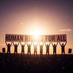 Silhouette of activists holding 'Human Rights for All' banner against a golden sunset, conveying unity, hope, and the pursuit of equality and justice.