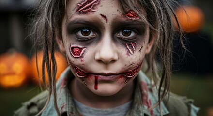 Caucasian child in zombie costume reaching out hand. Kid dressed as walking dead, green face paint, fake blood on Halloween. Trick or treat fun.