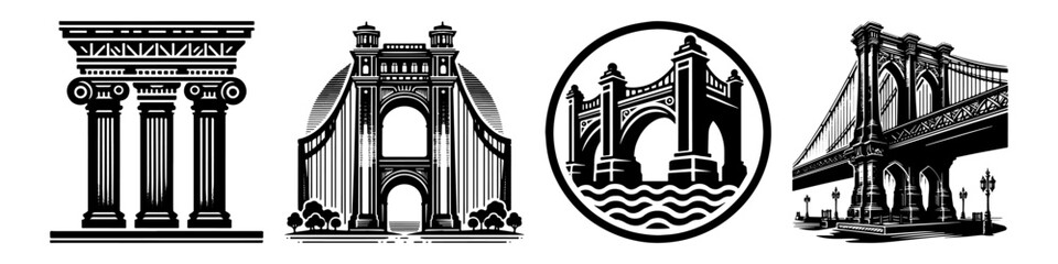 Architectural elements and bridges illustration in black and white.