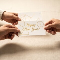Sharing festive wishes, two people exchange a New Year's card adorned with golden accents and "Happy New Year" message, representing celebration and joyous occasions
