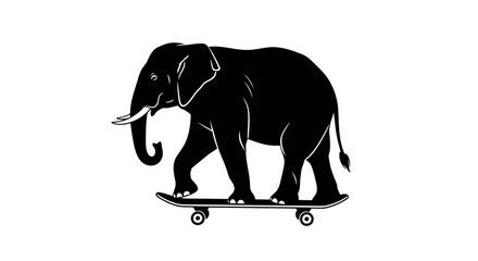 Transparent background also white background Black silhouette of an elephant riding a skateboard on a white background animal