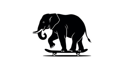 Transparent background also white background Black silhouette of an elephant riding a skateboard on a white background animal