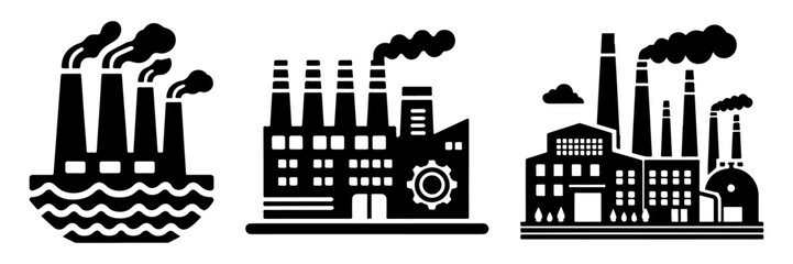 Industrial factories with smoke stacks and pollution emissions.