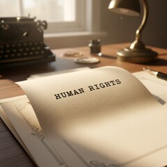 Atmospheric Scene: Human Rights Document Typed, Vintage Typewriter, Lamp on Wooden Desk, Warm Light, Evoking History, Law, and Human Rights Advocacy.