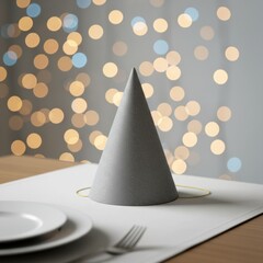 Fototapeta premium Festive gray party hat centered on a table setting with plates and a fork, with a bokeh lights background, creating a celebratory atmosphere