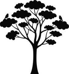 Silhouette of a stylized tree with fluffy cloud-like foliage and two perched birds flat design vector illustration white background