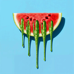 Surreal Watermelon Slice Dripping Glossy Green Liquid Against Light Blue Background in Minimalist Composition
