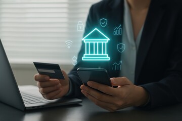 Businesswoman making secure mobile banking transaction with smartphone and credit card showing digital finance hologram icons in professional office technology environment
