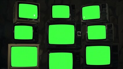 Vintage TVs flickering with static noise create a retro, unsettling atmosphere, ideal for horror, thriller, or technology gone wrong themes