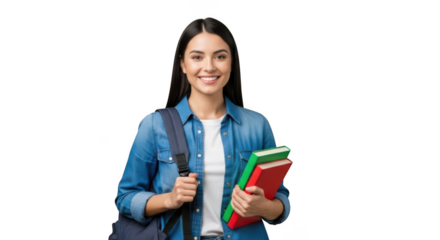 Happy young student woman with backpack and books ready for school or university studies