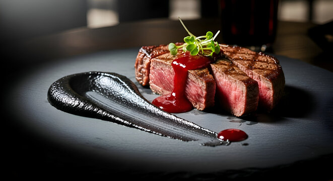 Succulent Grilled Steak With Artistic Sauce Presentation, A Gourmet Delight