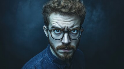 A young man with curly hair, a beard, and glasses looks directly at the viewer with a suspicious and questioning expression in a studio setting