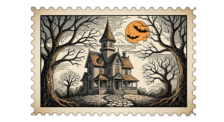 Illustration of spooky haunted house on a postage stamp with bats and a full moon, isolated on...
