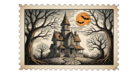 Illustration of spooky haunted house on a postage stamp with bats and a full moon, isolated on transparent background
