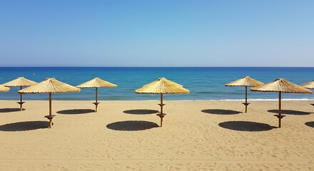 Sandy beach with straw umbrellas on sunny day by the ocean water