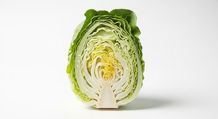 Obraz premium A cross section of a head of lettuce showing the layers of leaves on a white background in studio light